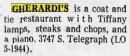Gherardis Restaurant - June 1972 Article (newer photo)